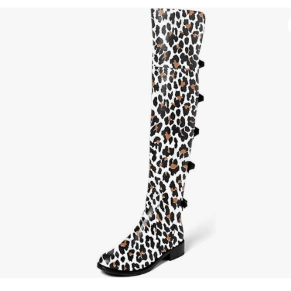 XYD Women Over The Knee Thigh High Riding Boots Chunky Heel Round Toe Leopard